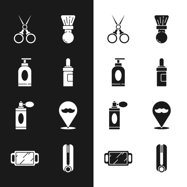 设置胡须护理油瓶，膏霜或乳液化妆管，剪刀，美发师，剃须刷，须后水，雾化器，理发店，卷发器和手镜图标。向量图片下载