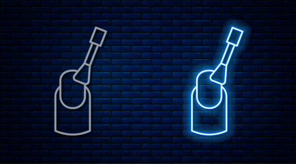发光的霓虹灯线指甲美甲图标孤立在砖墙背景。向量图片下载