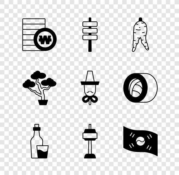 设置韩币、食物托钵、人参、烧酒瓶、N首尔塔、国旗、盆景树和帽子图标。向量图片下载