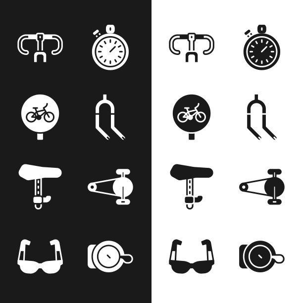 设置自行车叉，把手，秒表，座位，齿轮链，钟和运动自行车太阳镜图标。向量图片下载