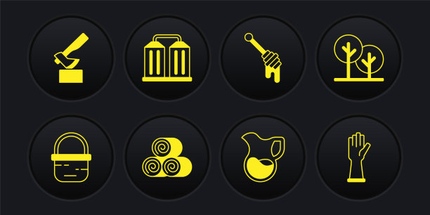 Set Basket, Tree, Roll of hay, Jug glass with milk, Honey dipper stick, Granary, Rubber gloves and wood axe icon. Set Basket, Tree, Roll of hay, Jug glass with milk, Honey dipper stick, Granary, Rubber gloves and wood axe icon。向量图片下载