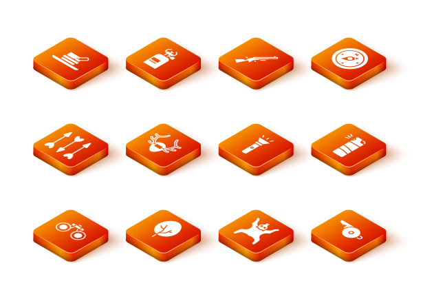 设置双筒望远镜，树，潮人箭头，盾鹿角，熊皮肤，手电筒，哨子和胡椒喷雾图标。向量图片下载