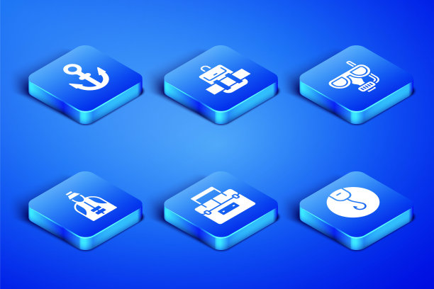 设置钓鱼钩，锚，情况容器的摆动，渔夫，徒步旅行背包和潜水面罩和通气管图标。向量图片下载