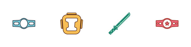 设置拳击腰带，头盔，日本武士刀和图标。向量图片下载