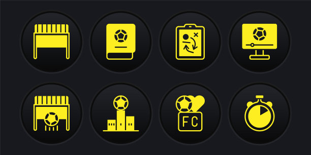 设置足球目标与球，比赛在电视上，奖项超过体育冠军领奖台，球迷俱乐部足球，规划战略概念，学习书，秒表和图标。向量图片下载
