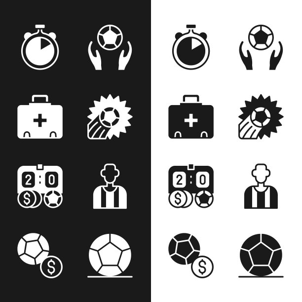 设置足球足球，急救箱，秒表，足球博彩钱，或足球裁判，和图标。向量图片下载