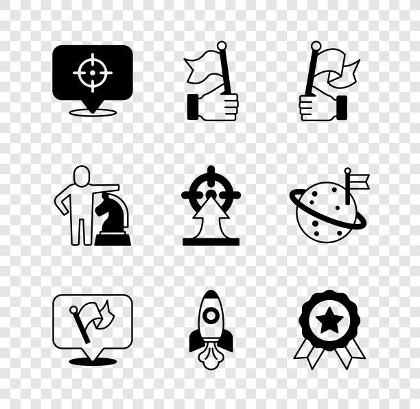 设置目标，手持旗帜，旗帜，火箭船，奖章，象棋和图标。向量图片下载