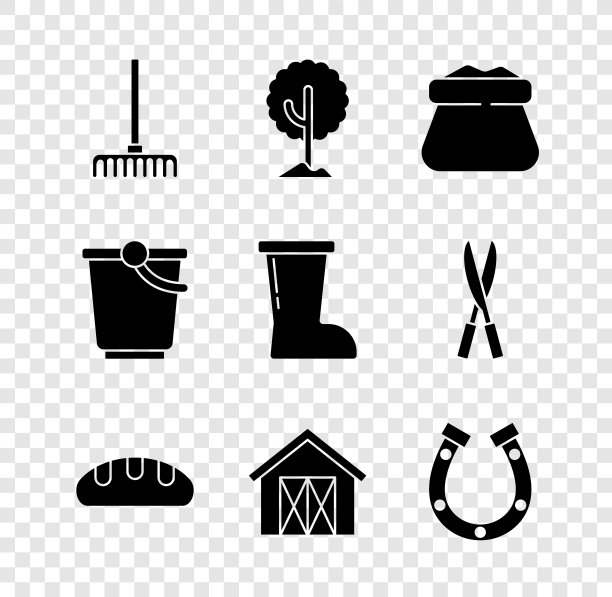Set Garden rake, Tree, Full sack, Bread loaf, Farm house, Horseshoe, Bucket and防水橡胶靴图标。向量图片下载