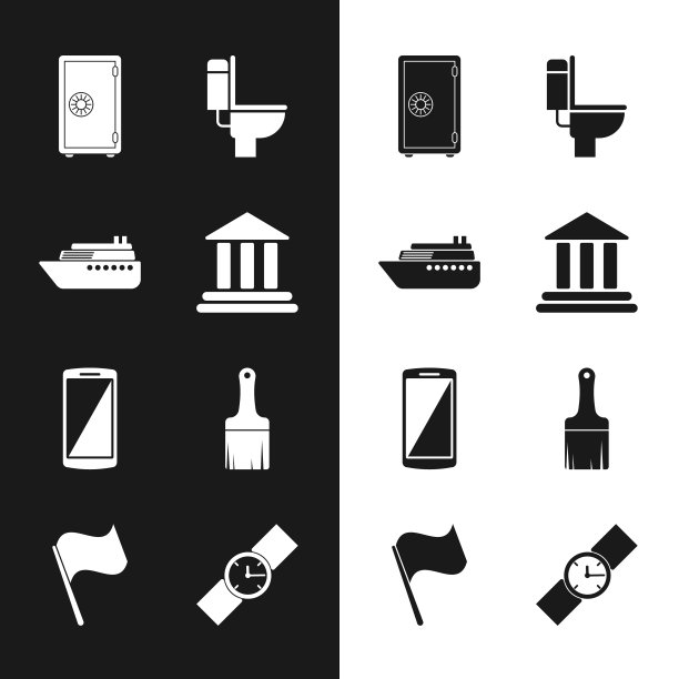 设置银行建筑，船，安全，抽水马桶，智能手机，手机和油漆刷图标。向量图片下载