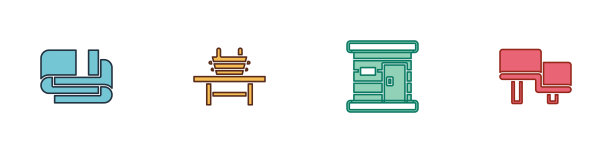 设置毛巾架，桑拿长凳与桶，木制浴室和图标。向量图片下载