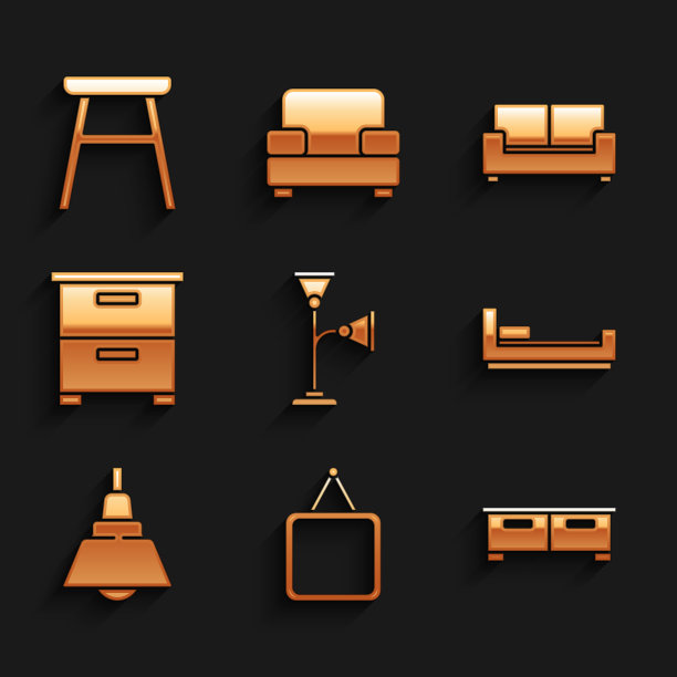 集落地灯，镜子，抽屉柜，床，吊灯，家具床头柜，沙发和椅子图标。向量图片下载