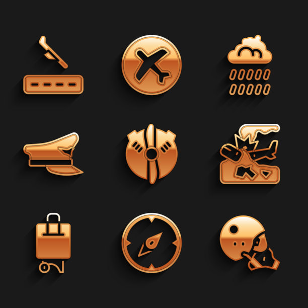 设置飞机螺旋桨，指南针，现代飞行员头盔，坠毁，手提箱，飞行员帽子，云与雨和着陆图标。向量图片下载