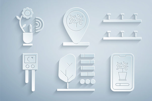 设置植物状态，自动灌溉喷头，温度和湿度传感器，智能控制农业系统，定位树和技术图标。向量图片下载