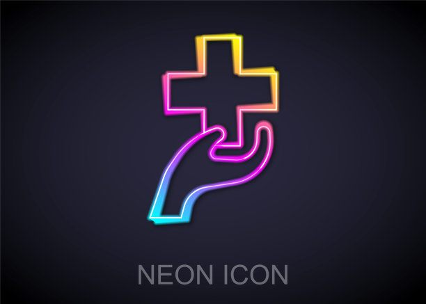 发光的霓虹灯线心与一个十字图标孤立在黑色背景。急救。保健、医疗和药房标志。向量图片下载