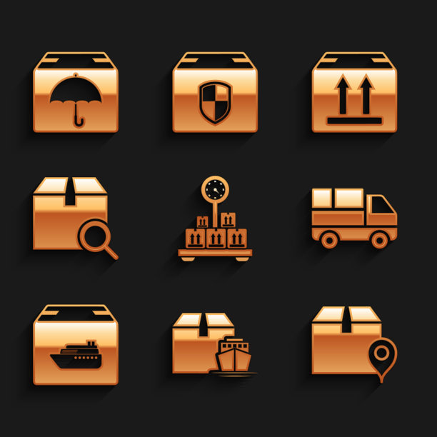 集规模与纸箱，货船箱，位置，送货卡车，搜索包，纸板交通和伞图标。向量图片下载
