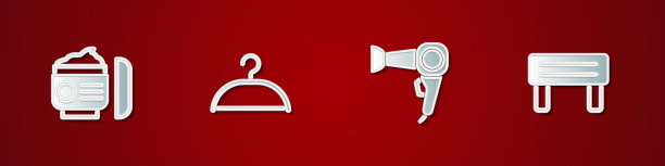 集霜或乳液化妆管，衣架衣柜，电吹风和桑拿木凳图标。向量图片下载