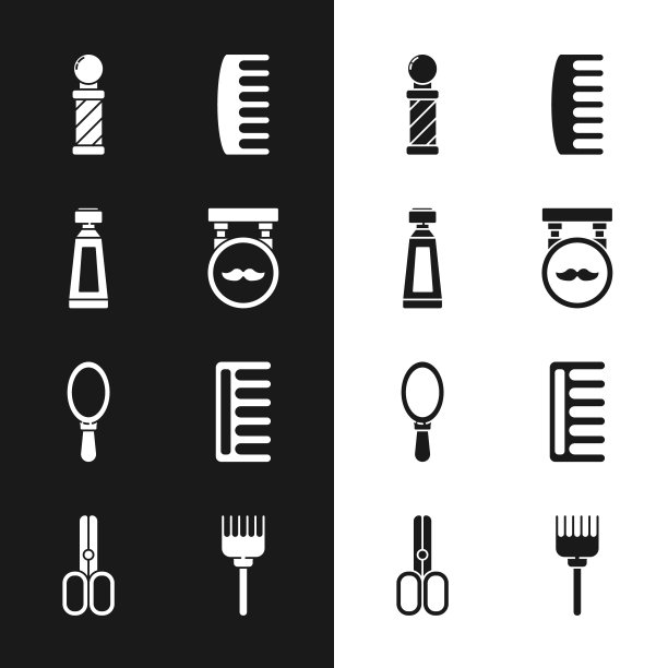 设置理发店，霜或乳液化妆管，经典杆，发刷，手镜，剪刀理发师的图标。向量图片下载