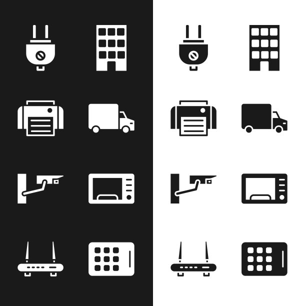 集送货卡车，打印机，插头，房子，安全摄像头，微波炉，平板电脑，路由器和wi-fi信号图标。向量图片下载