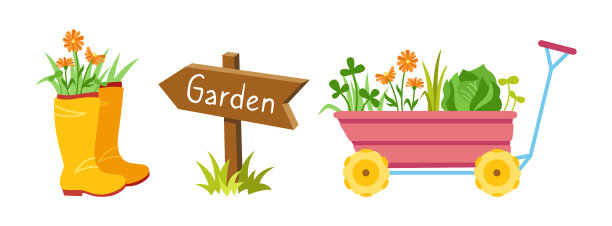 花园工具卡通集推车靴子箭图片下载