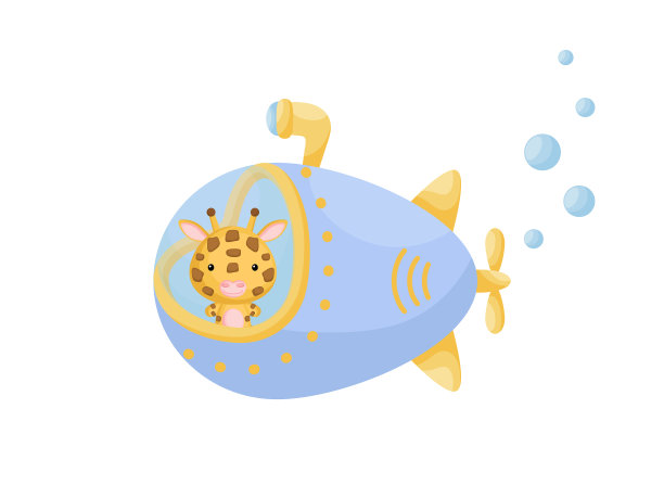 可爱的小长颈鹿在蓝色潜水艇上航行图片下载