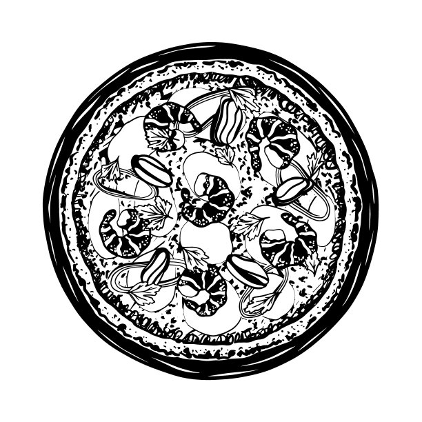 海鲜披萨的矢量草图。美味的意大利披萨，上面有马苏里拉奶酪，虾，鱿鱼，贻贝和欧芹。矢量黑白插图。图片下载