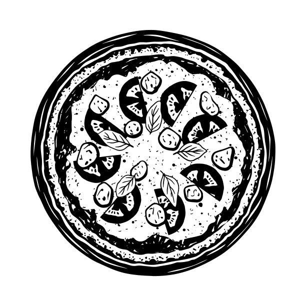 披萨的矢量草图。美味的意大利披萨，上面有番茄酱，马苏里拉奶酪，西红柿，肉丸和罗勒。矢量黑白插图。图片下载