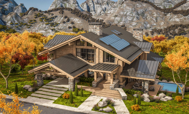 3d渲染的现代舒适的小屋与游泳池和停车场出售或出租。背景是美丽的森林山脉。巨大的木梁和柱子。晴朗的秋日，到处都是金色的树叶。图片下载
