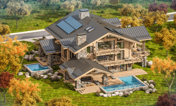 3d渲染的现代舒适的小屋与游泳池和停车场出售或出租。背景是美丽的森林山脉。巨大的木梁和柱子。晴朗的秋日，到处都是金色的树叶。图片下载