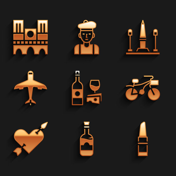 Set Wine bottle with cheese, bottle of Wine, Lipstick, Bicycle, Amour heart and arrow, Plane, Place De La Concorde and Notre Dame icon。向量图片下载