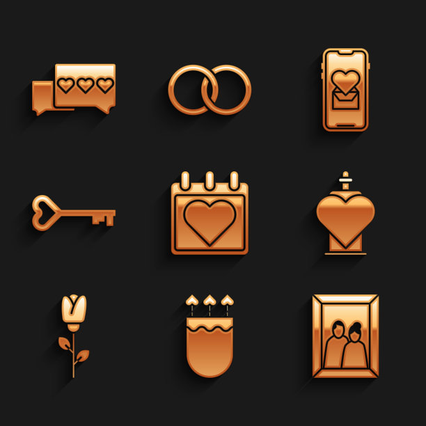 设置日历与心，箭和箭，相框，瓶爱情药水，花玫瑰，钥匙的形状，移动和喜欢的图标。向量图片下载