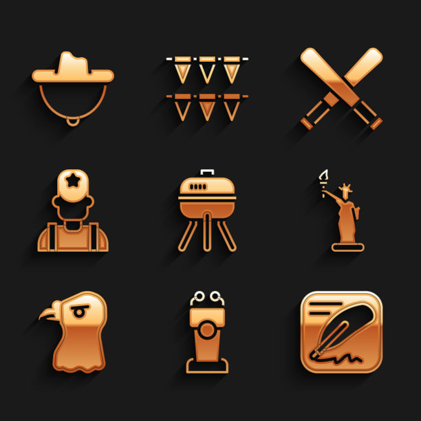 集烧烤架，舞台站或论坛，独立宣言，自由女神像，鹰头，治安牛仔，交叉棒球棒和西部帽子图标。向量图片下载