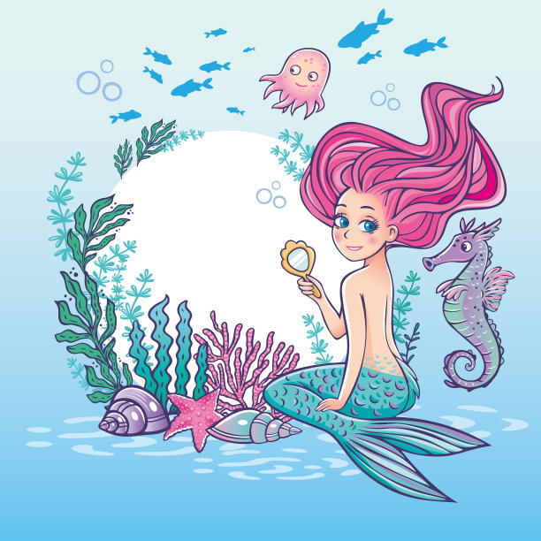 美丽的美人鱼女孩与镜子图片下载