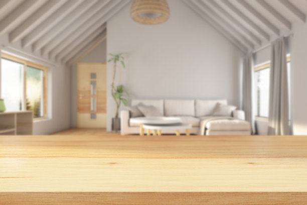 桌面与模糊的现代客厅室内图片下载