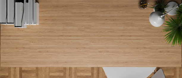 木桌顶视图，复制空间装饰有植物，台灯和文具图片下载