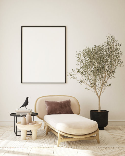 模拟海报框架在现代室内背景，客厅，3D渲染图片下载
