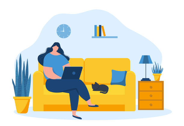一个坐在沙发上用笔记本电脑工作的女孩图片下载