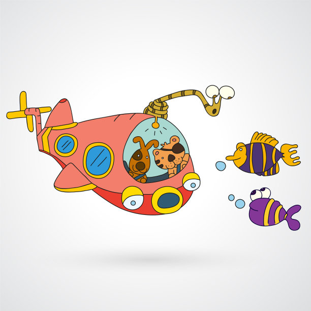 水下孤立的手绘潜艇图片下载