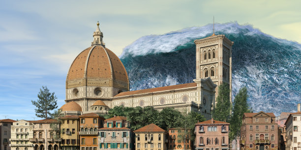 海啸波浪启示水景城市洪水风暴。3D插图图片下载