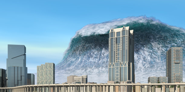 海啸波浪启示水景城市洪水风暴。3D插图图片下载
