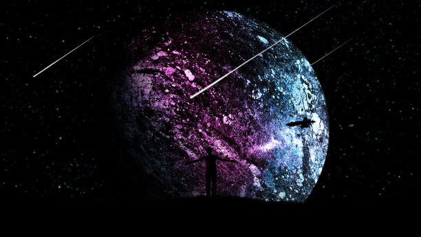 一个男人在夜晚的户外，双手分开，高举在天空的背景下，布满了宇宙飞船和一个美丽的发光的行星。图片下载