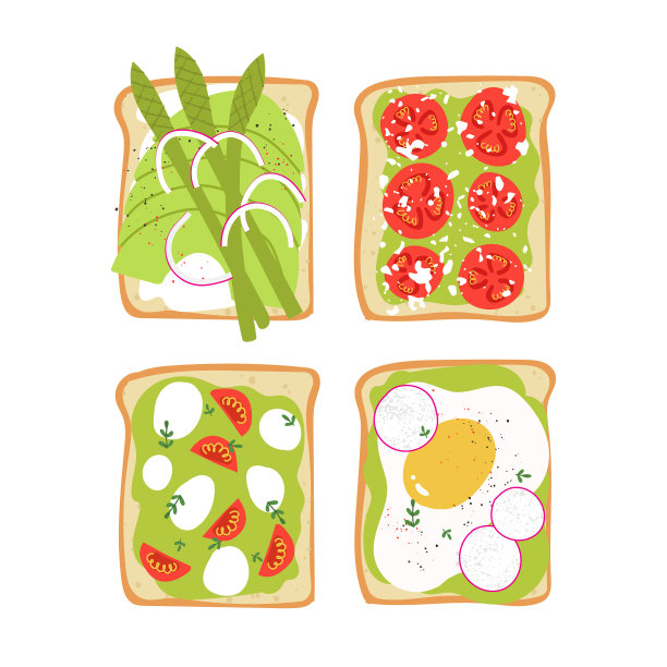 鳄梨面包。可爱的素食健康早餐。手绘美味的蔬菜三明治。图片下载