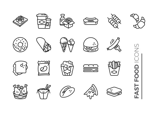 简单的快餐相关矢量线图标集。包含诸如比萨，玉米饼，薯片等图标。图片下载
