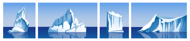 冰山向量集合。冰川，冰块，浮冰，山脉。北极、南极和北极。图片下载