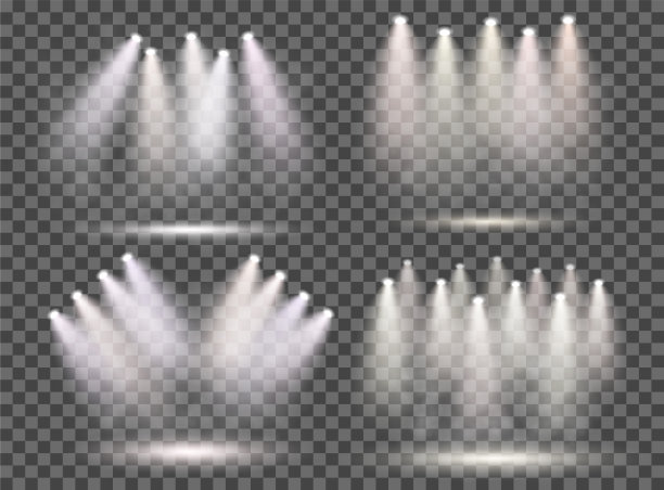 用聚光灯设置烟雾和场景。透明的独立矢量为您的设计。图片下载