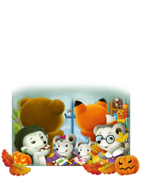 欢快的卡通场景与快乐的动物在幼儿园与万圣节南瓜插图图片下载