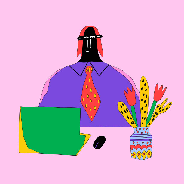 工作场所的种族女性。办公室里有笔记本电脑和花瓶。工作生活平衡和身体表现。幼稚的手绘风格与笔触。70年代的复古氛围图片下载