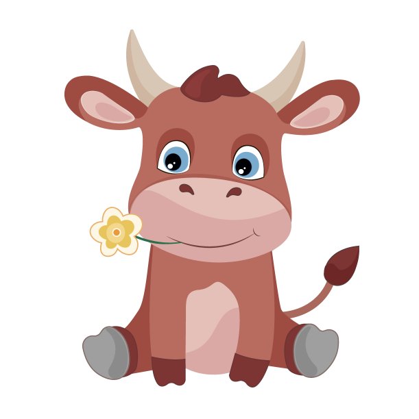 矢量插图红牛与黄花在嘴里白色孤立的背景。图片下载