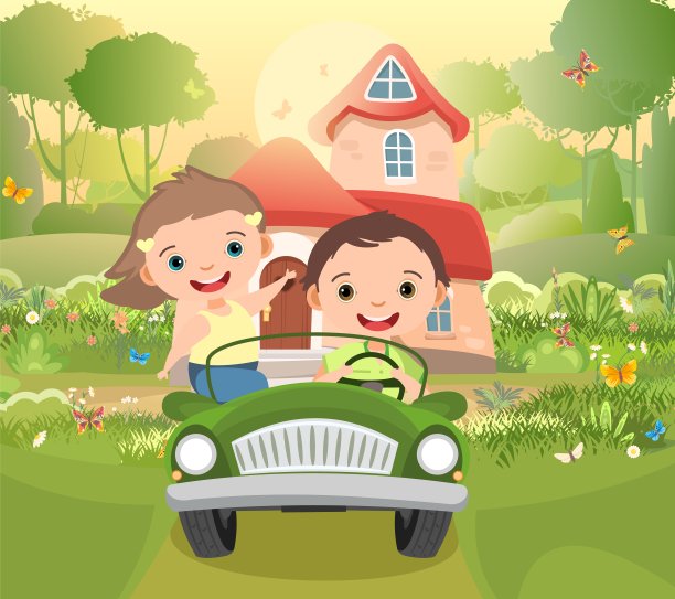 孩子们开着小车去冒险。小孩开踏板车或电动玩具车。儿童卡通插图。夏天光景观。道路和房子。向量图片下载