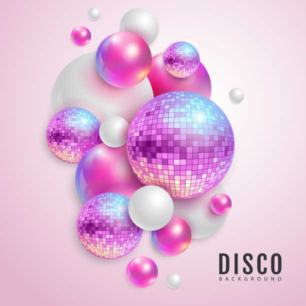 三维抽象背景与全息粉红色球体和迪斯科球球体。迪斯科球背景。迪斯科晚会海报。矢量图图片下载