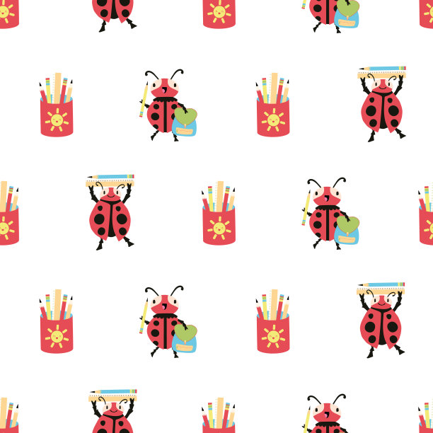 瓢虫回到学校矢量无缝模式背景。有趣的卡通卡哇伊瓢虫人物与背包，铅笔罐，统治者在白色的背景。有趣的几何教育，托儿所重复图片下载